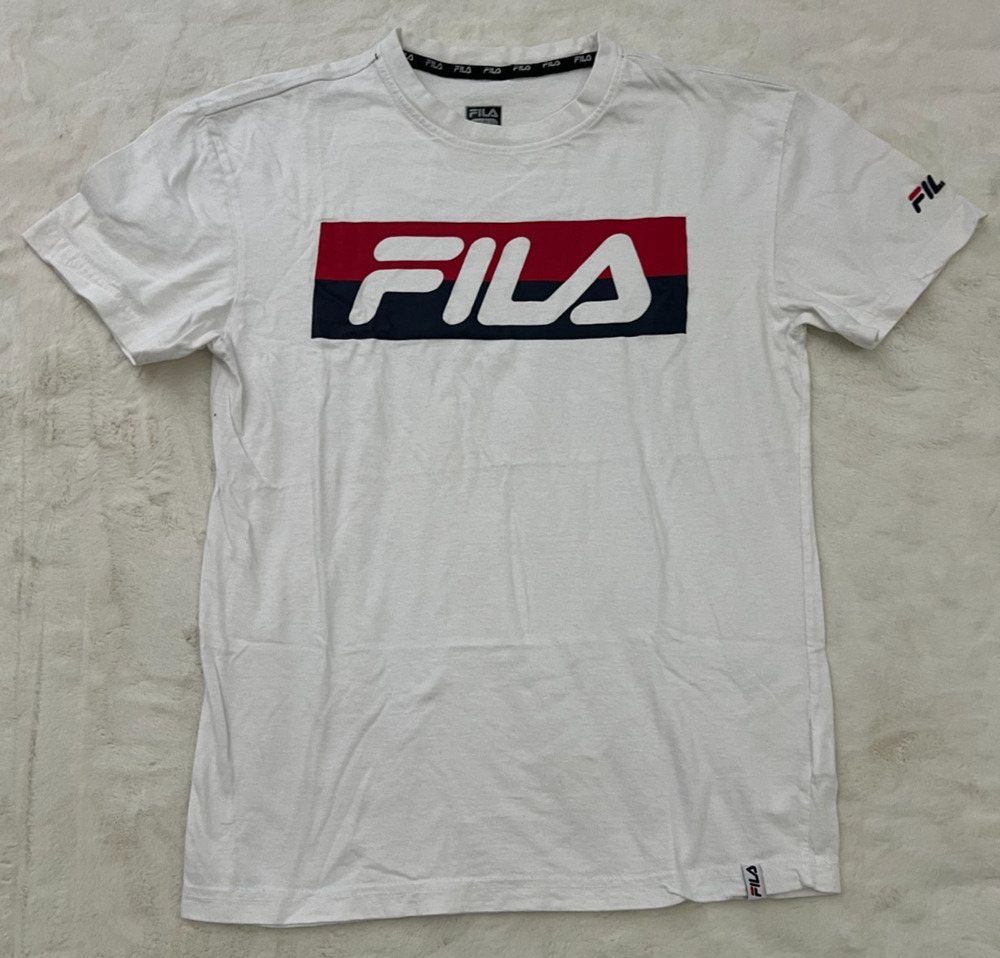 Fila Men Small White Logo T Shirt Short Sleeve Crew Neck Athletic Casual Tee Top